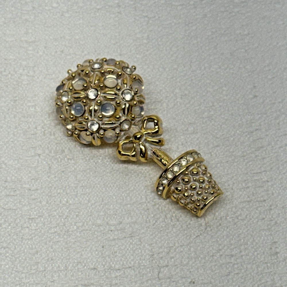 VTG Monet Topiary Faux Moonstone Rhinestone Enamel Gold Tone Brooch Pin